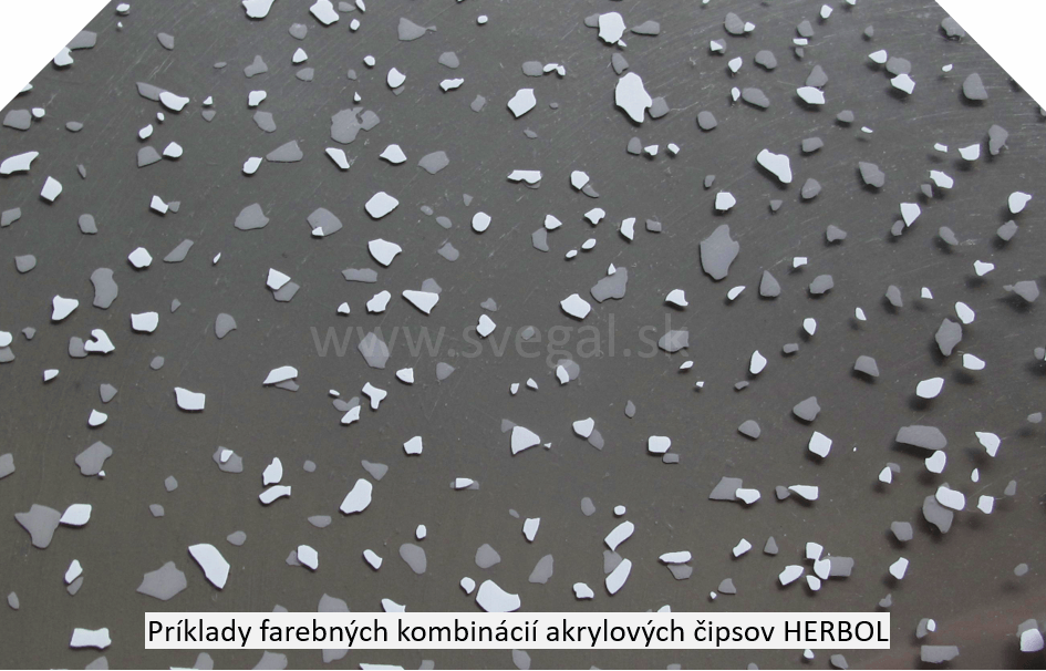 Akrylátové čipsy šedé a biele na šedom podklade, príklad zo vzorkovníka.