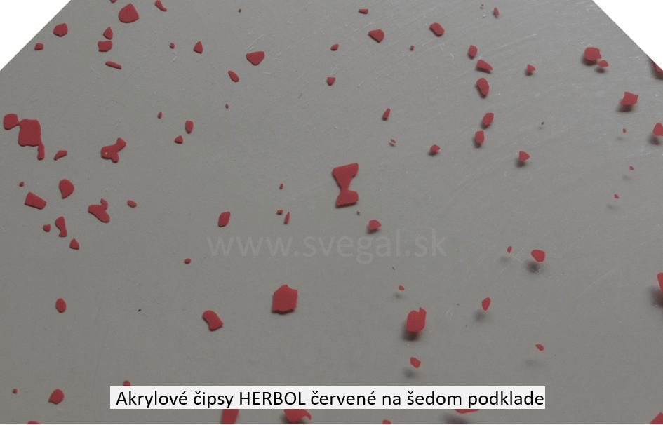 Acryl chips Herbol červené na šedom podklade. Zvýšenie protišmykovosti podláh.