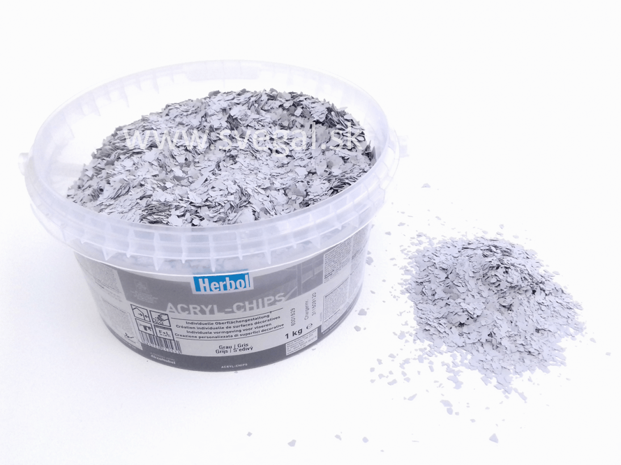 Herbol ACRYL-CHIPS šedá, čipsy vhodné na posyp liatych podláh pre zlepšenie optických vlastností.