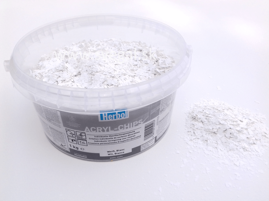 Herbol akrylové čipsy biela, vhodné na posyp liatych podláh, podlahových náterov pre zlepšenie optických vlastností a zvýšenie protišmykovosti.