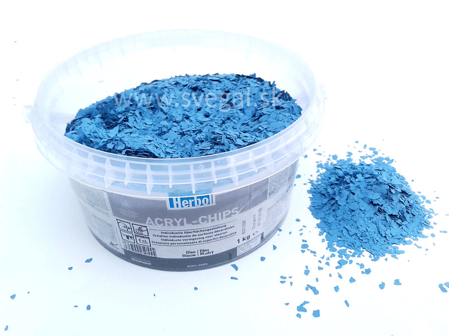 Herbol akrylové čipsy modrá, čipsy vhodné na posyp epoxidových stierok a, podlahových náterov pre zlepšenie optických vlastností a zvýšenie protišmykovosti.