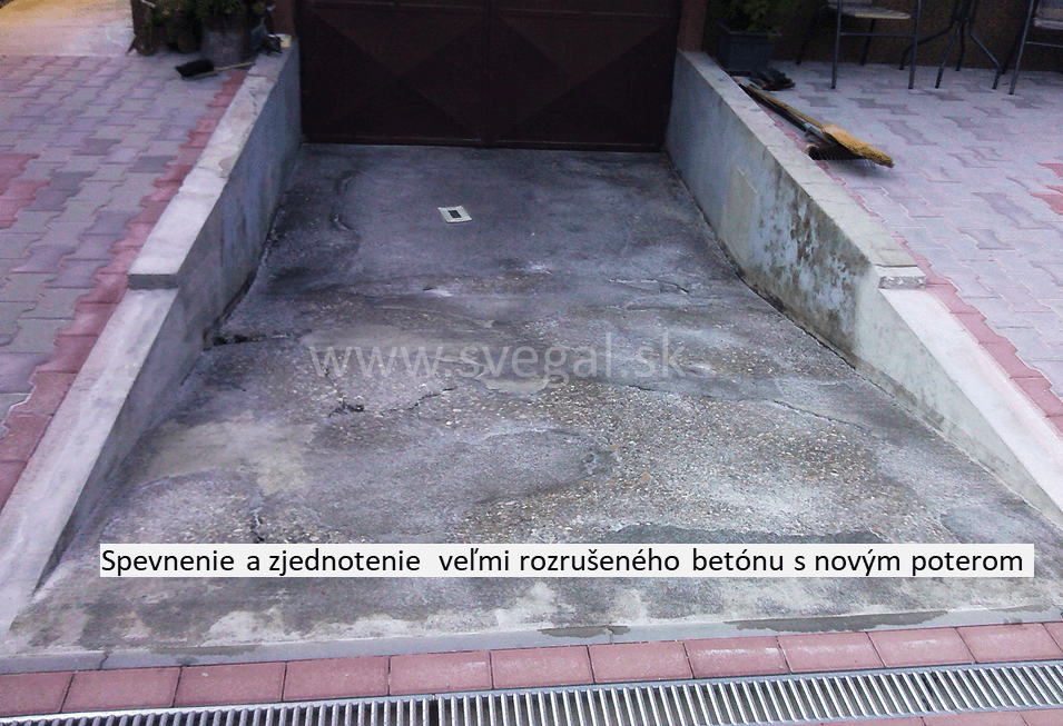 Epoxidová rozpúšťadlová penetrácia SVG RESIN 25, spevnenie a zjednotenie rozrušeného betónu s novým betónovým poterom.