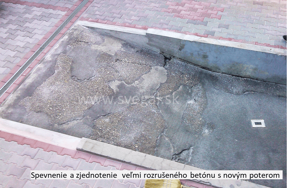 Epoxidová rozpúšťadlová penetrácia SVG RESIN 25, spevnenie a zjednotenie rozrušeného betónu s novým betónovým poterom.