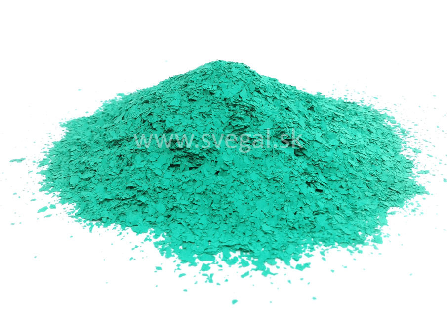 Akrylové čipsy zelená, jemnejšia zrnitosť. Čipsy vhodné na posyp epoxidových stierok a podlahových náterov pre zlepšenie optických vlastností a zvýšenie protišmykovosti.